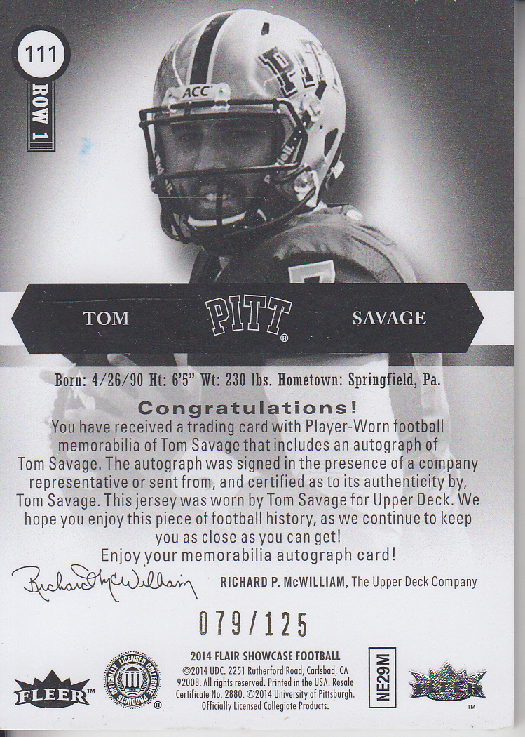 2014 Flair Showcase Patch Autographs #111 Tom Savage/125 back image