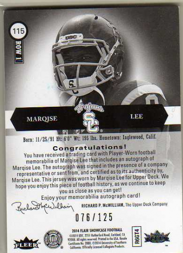 2014 Flair Showcase Patch Autographs #115 Marqise Lee/125 back image
