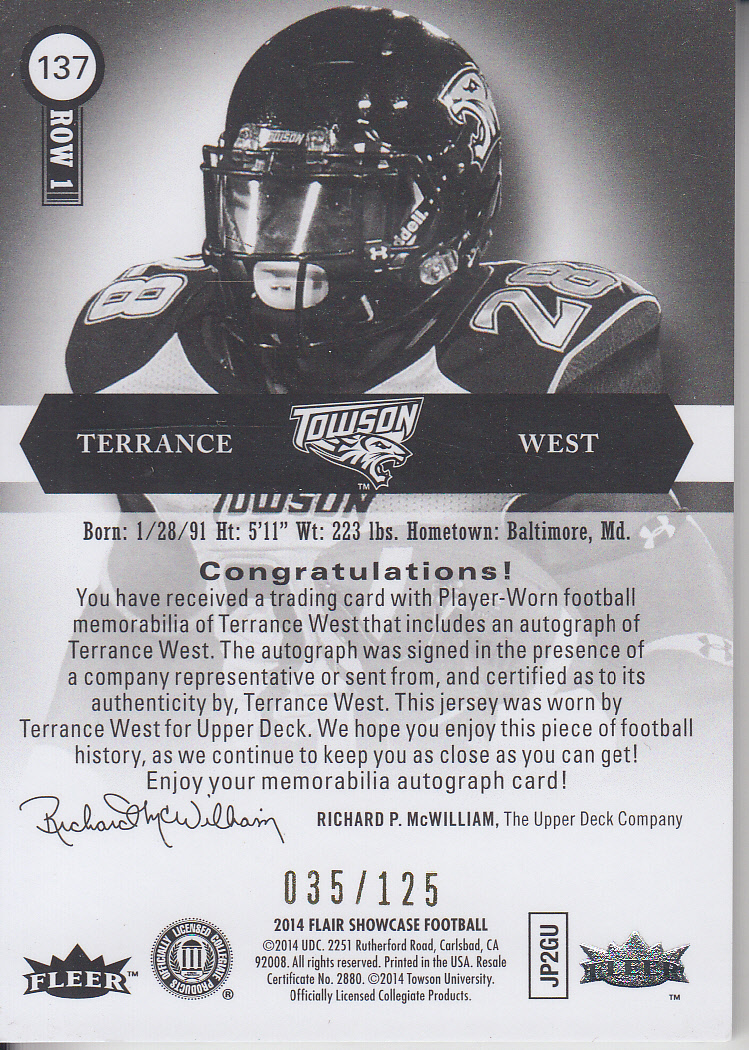 2014 Flair Showcase Patch Autographs #137 Terrance West/125 back image