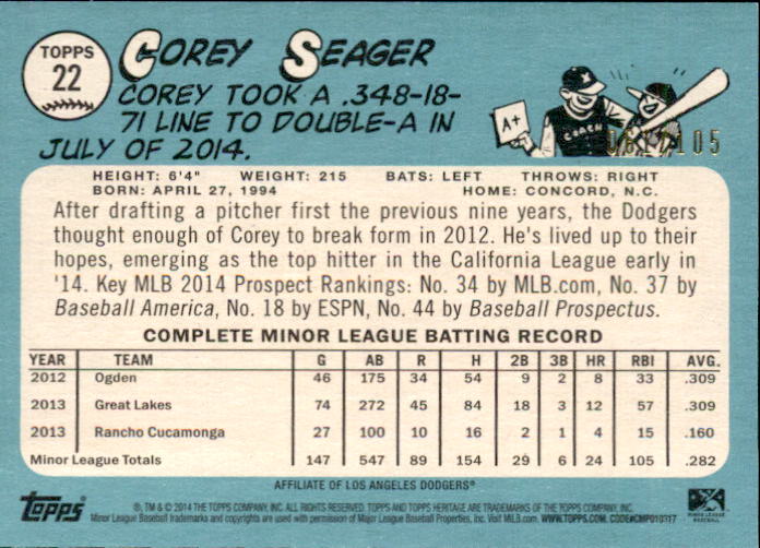 2014 Topps Heritage Minors Black #22 Corey Seager back image