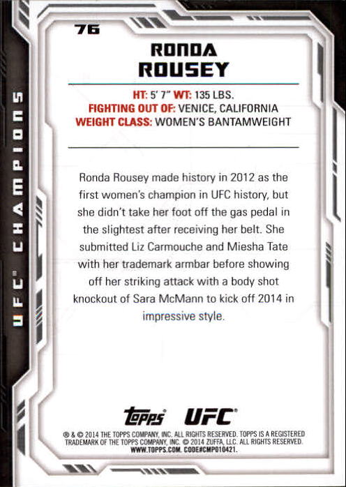 2014 Topps UFC Champions #76B Ronda Rousey/Rowdy back image