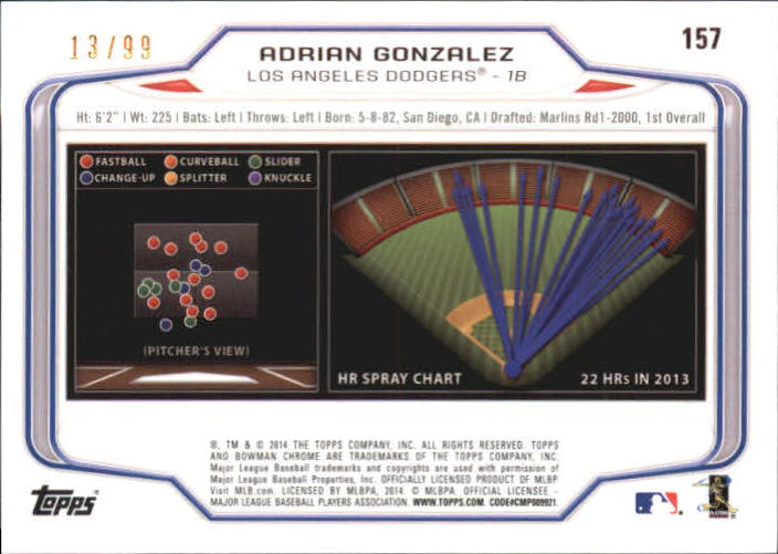 2014 Bowman Chrome Bubble Refractors #157 Adrian Gonzalez back image