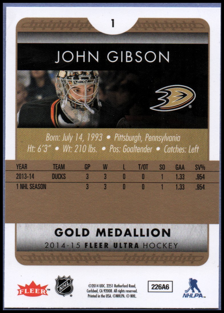 2014-15 Ultra Gold Medallion #1 John Gibson back image