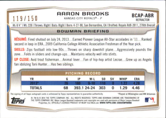 2014 Bowman Chrome Prospect Autographs Blue Refractors #BCAPABR Aaron Brooks back image
