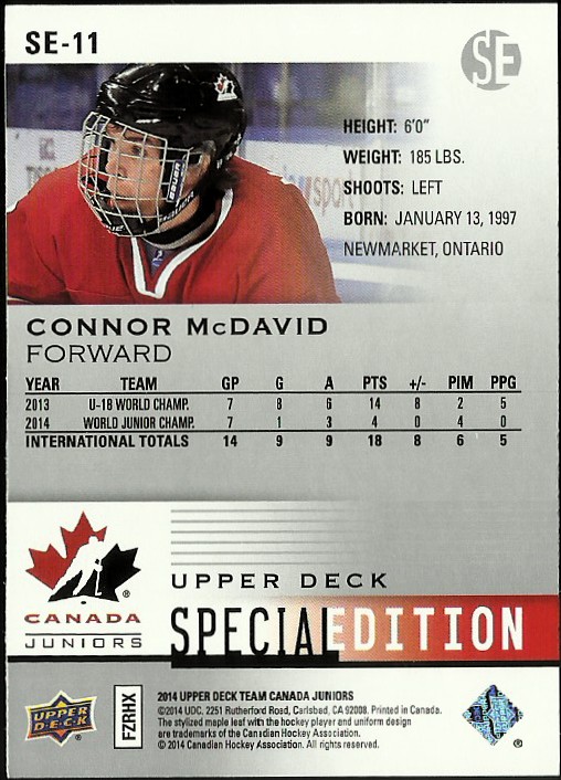 2014-15 Upper Deck Team Canada Juniors Special Edition #SE11 Connor McDavid back image