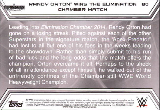 2014 Topps WWE Road to WrestleMania Black #80 Randy Orton Wins the Elimination Chamber Match back image