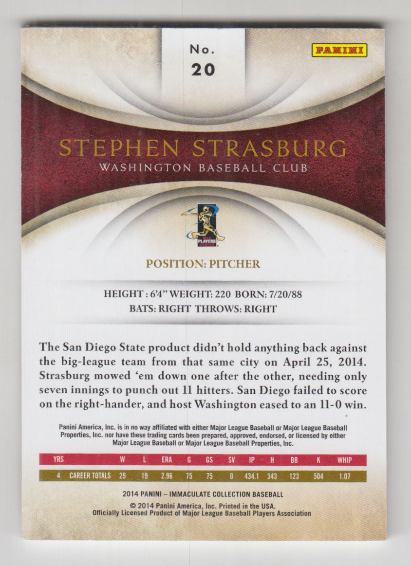 2014 Immaculate Collection #20 Stephen Strasburg back image