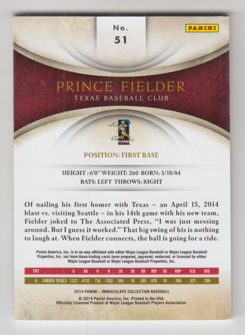2014 Immaculate Collection #51 Prince Fielder back image