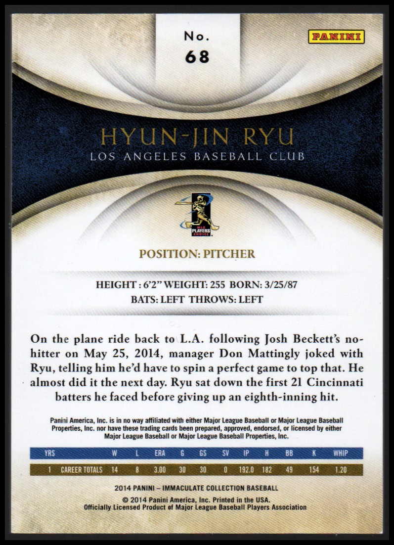 2014 Immaculate Collection #68 Hyun-Jin Ryu back image