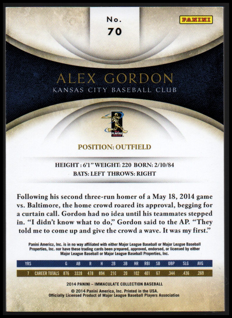2014 Immaculate Collection #70 Alex Gordon back image