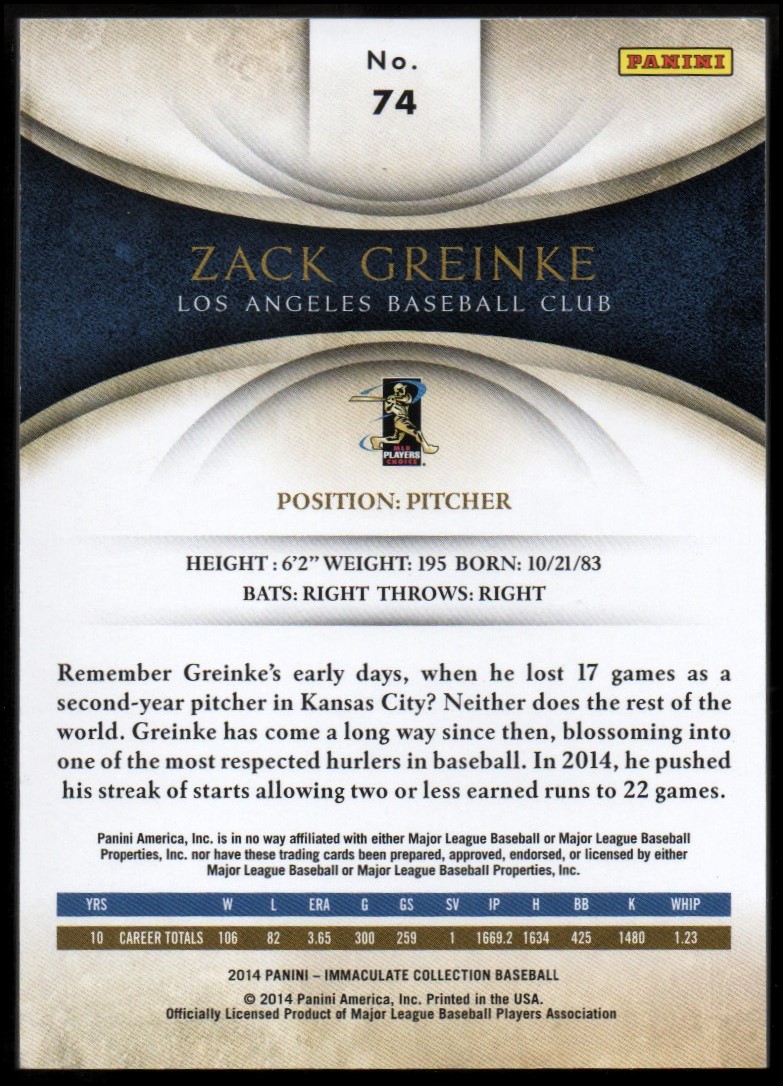 2014 Immaculate Collection #74 Zack Greinke back image