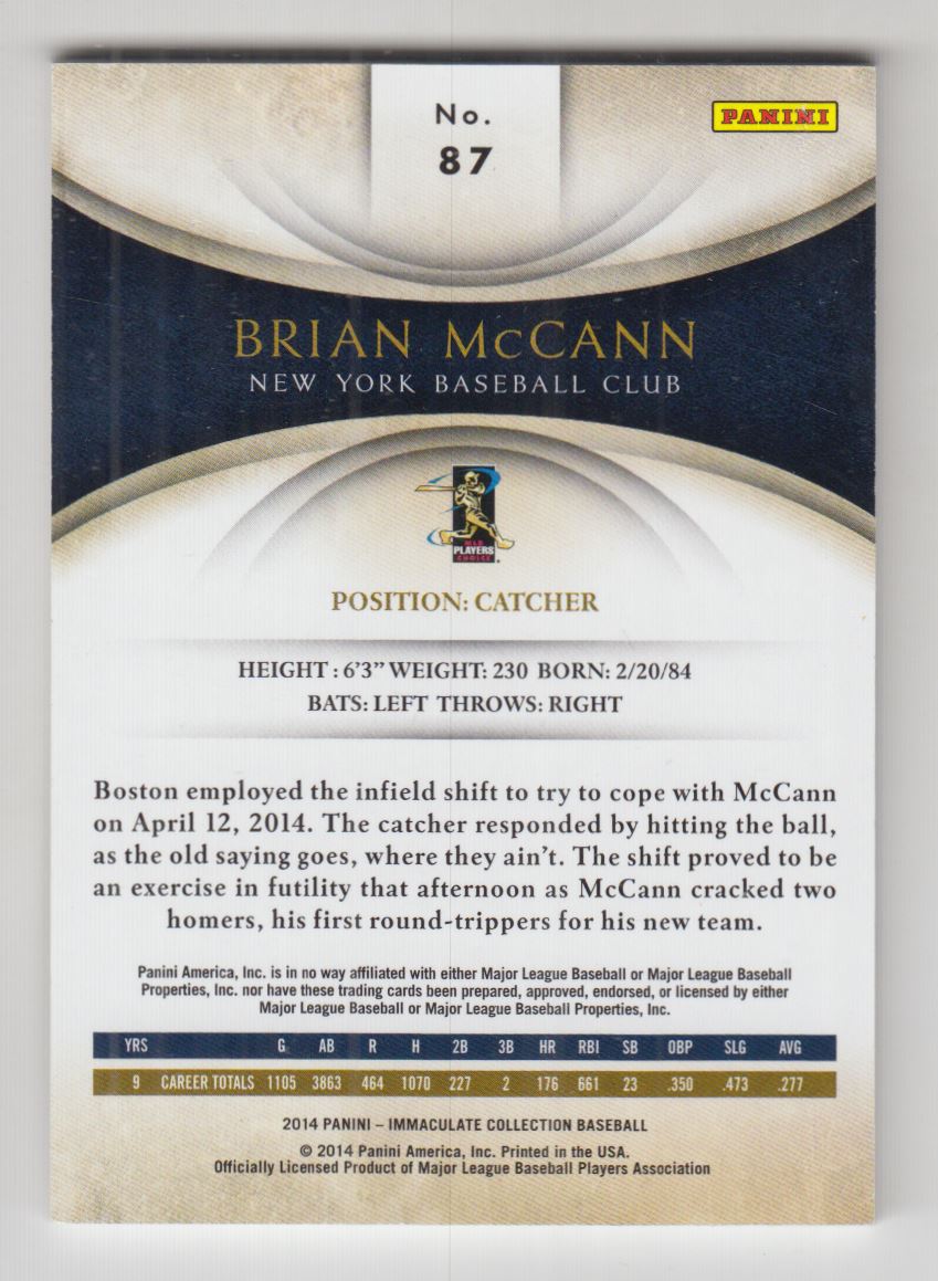 2014 Immaculate Collection #87 Brian McCann back image