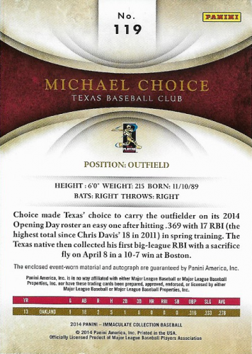 2014 Immaculate Collection #119 Michael Choice JSY AU/49 back image