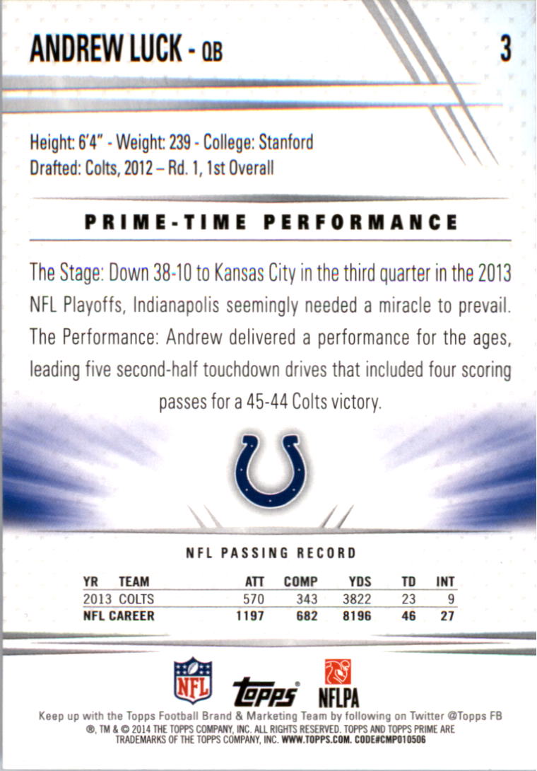 2014 Topps Prime #3B Andrew Luck SP/(blue jersey) back image