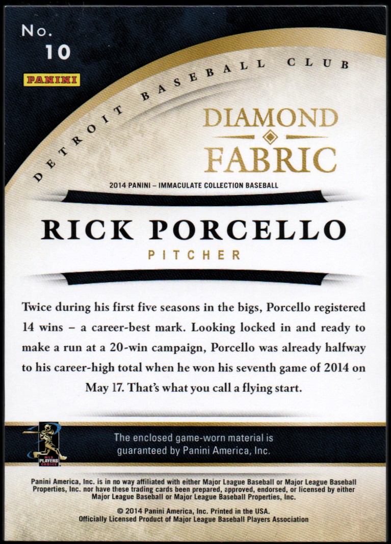 2014 Immaculate Collection Diamond Fabric #10 Rick Porcello/99 back image