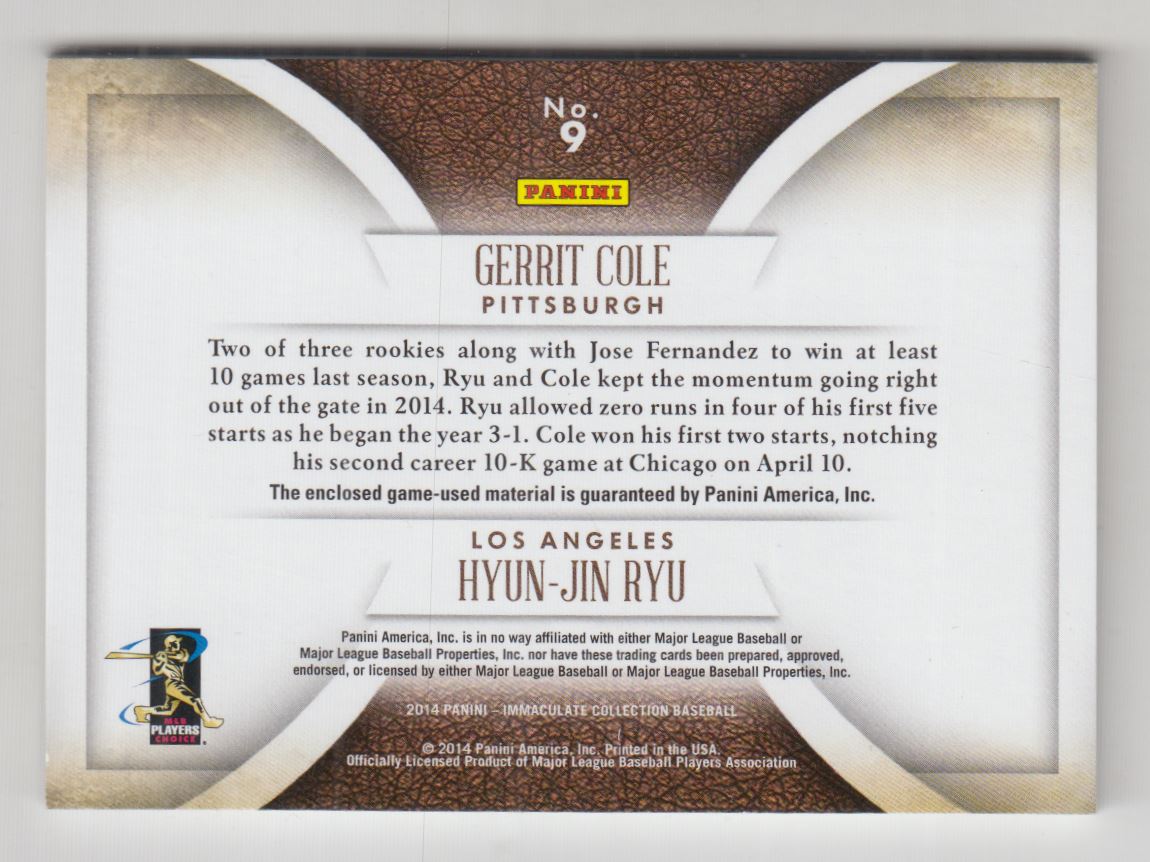 2014 Immaculate Collection Immaculate Dual Players Memorabilia Prime #9 Gerrit Cole/Hyun-Jin Ryu/10 back image