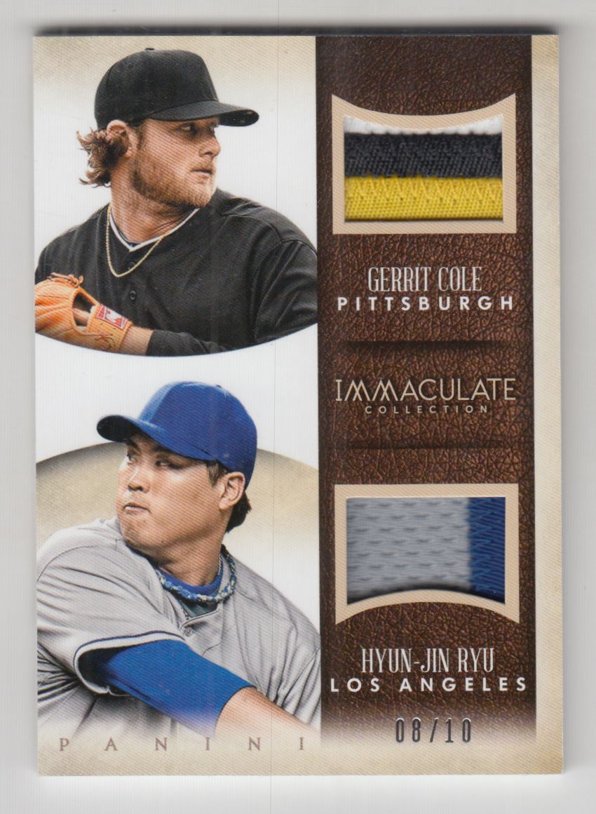 2014 Immaculate Collection Immaculate Dual Players Memorabilia Prime #9 Gerrit Cole/Hyun-Jin Ryu/10