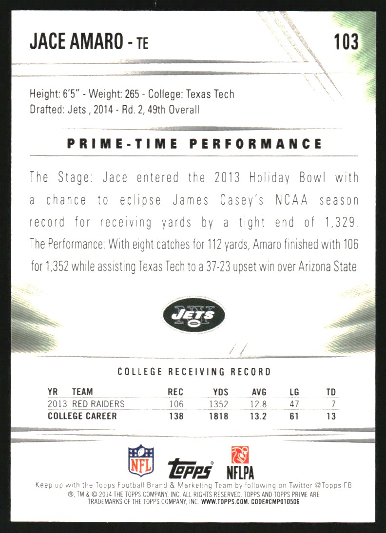 2014 Topps Prime Silver Rainbow #103 Jace Amaro
