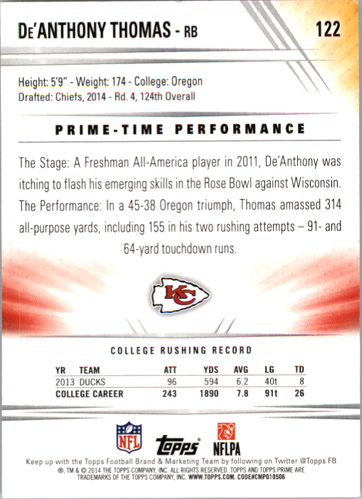 2014 Topps Prime Silver Rainbow #122 De'Anthony Thomas