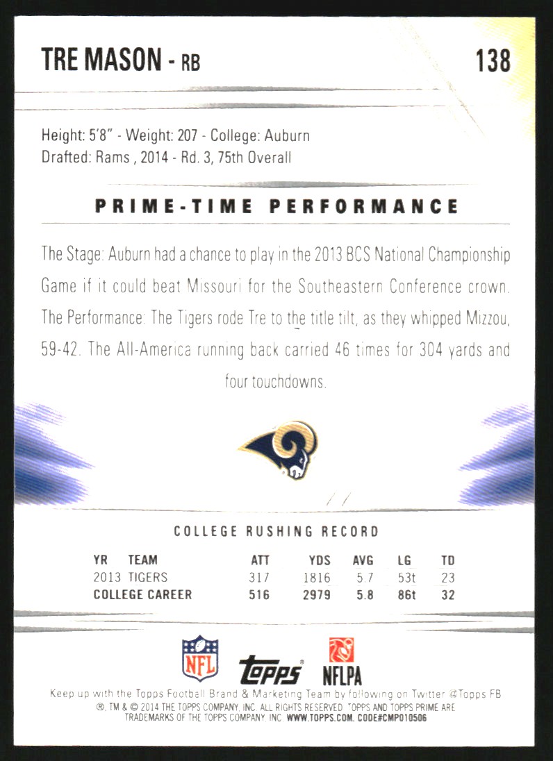 2014 Topps Prime Silver Rainbow #138 Tre Mason