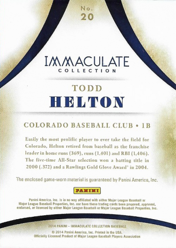 2014 Immaculate Collection Immaculate Heroes Materials #20 Todd Helton/49 back image