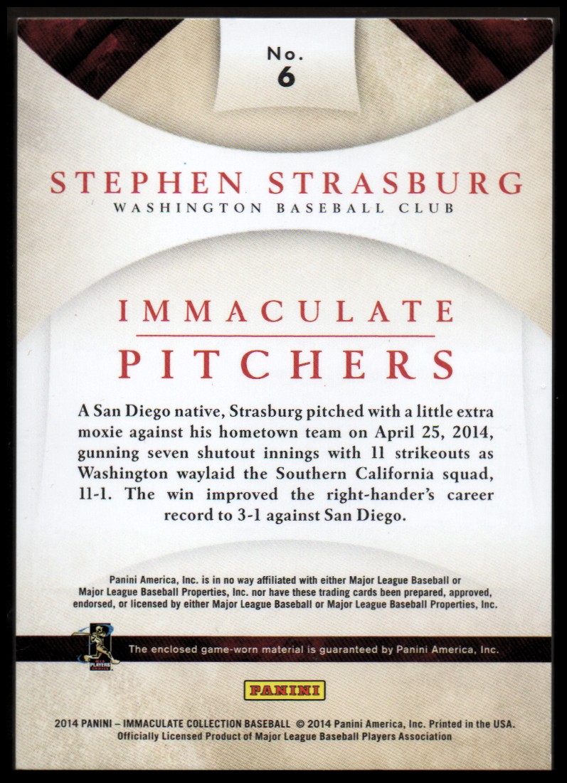 2014 Immaculate Collection Immaculate Pitchers Memorabilia #6 Stephen Strasburg/49 back image