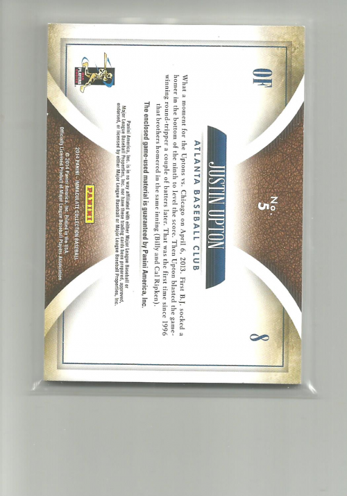 2014 Immaculate Collection Immaculate Singles Memorabilia #5 Justin Upton/99 back image