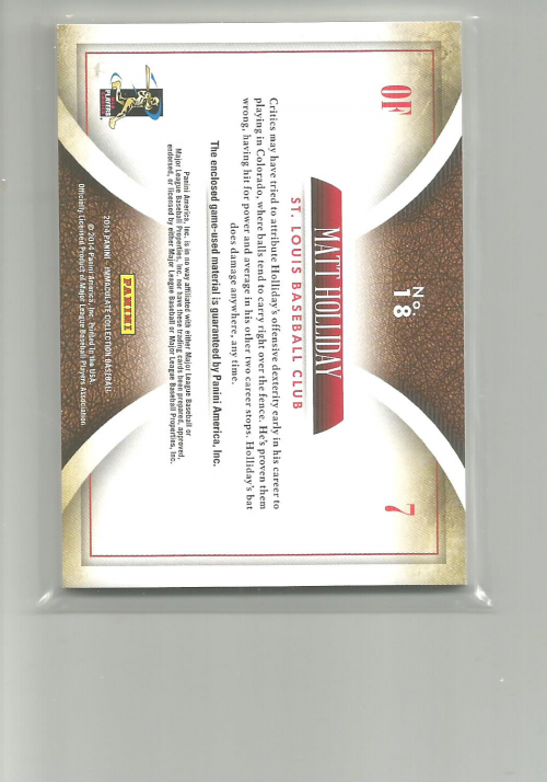 2014 Immaculate Collection Immaculate Singles Memorabilia #18 Matt Holliday/99 back image