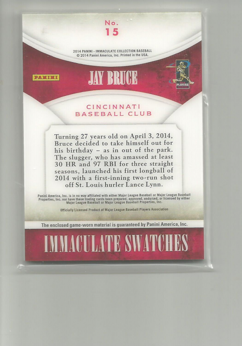 2014 Immaculate Collection Immaculate Swatches #15 Jay Bruce/99 back image
