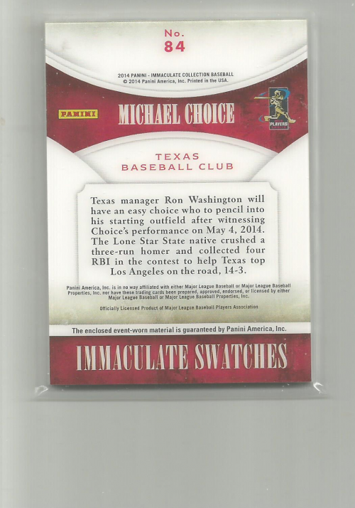 2014 Immaculate Collection Immaculate Swatches #84 Michael Choice/99 back image