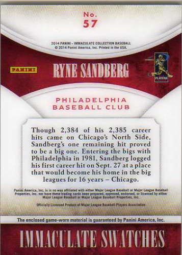 2014 Immaculate Collection Immaculate Swatches Prime #57 Ryne Sandberg/25 back image