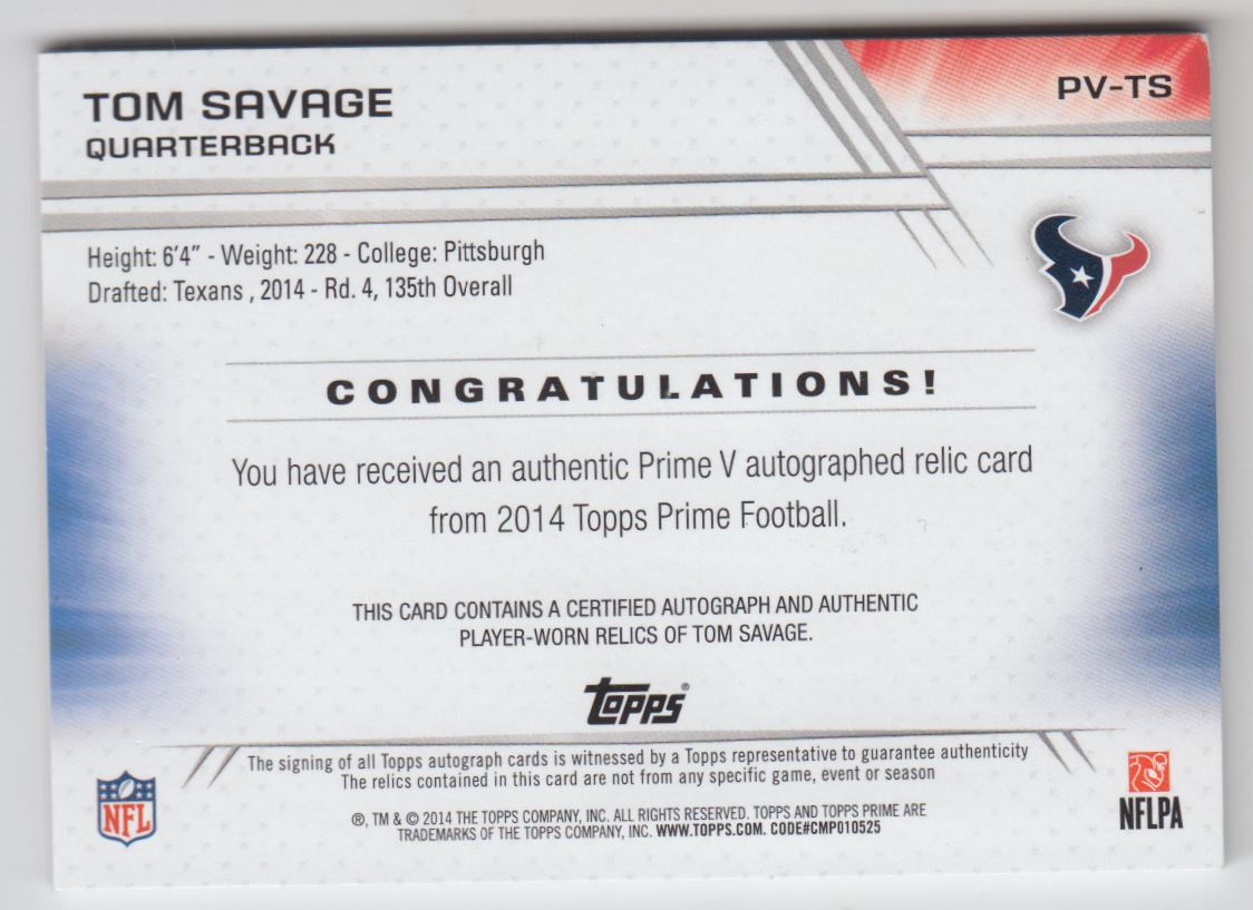 2014 Topps Prime Autographed Relics Level 5 Copper #PVTS Tom Savage back image