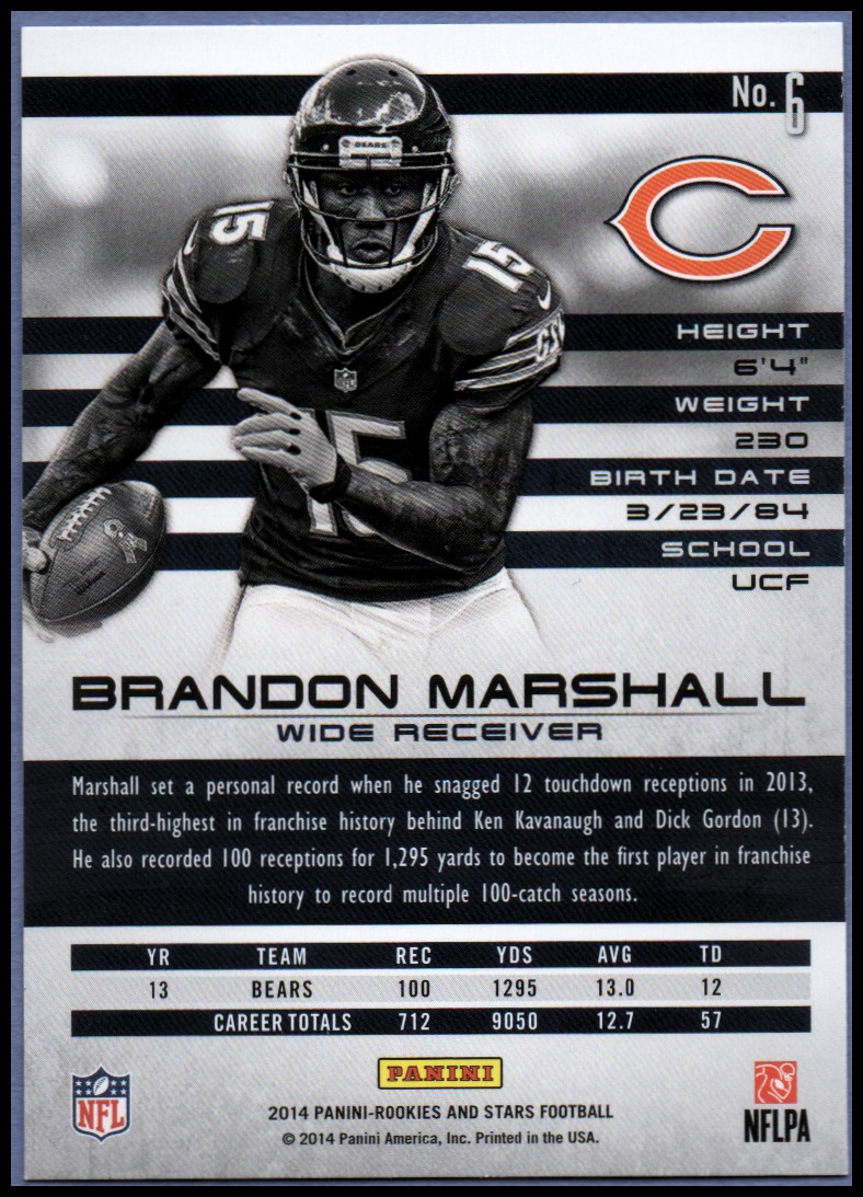 2014 Rookies and Stars Longevity #6 Brandon Marshall back image