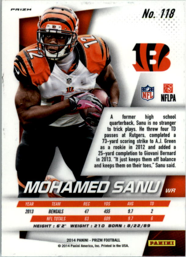 2014 Panini Prizm Prizms Red White and Blue #118 Mohamed Sanu back image