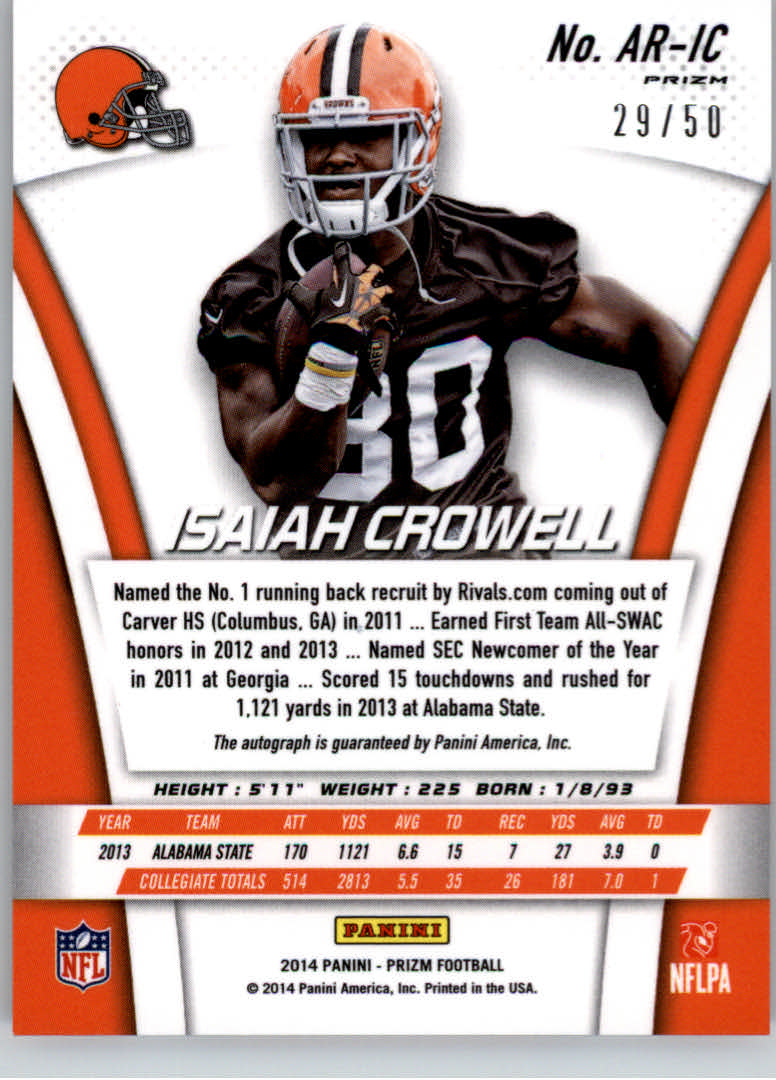2014 Panini Prizm Rookie Autographs Prizms Red Power #ARIC Isaiah Crowell/50 back image