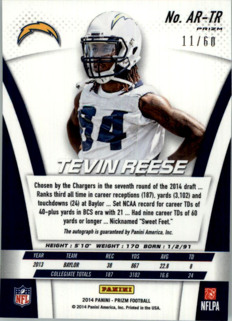 2014 Panini Prizm Rookie Autographs Prizms Green #ARTR1 Tevin Reese/60 back image