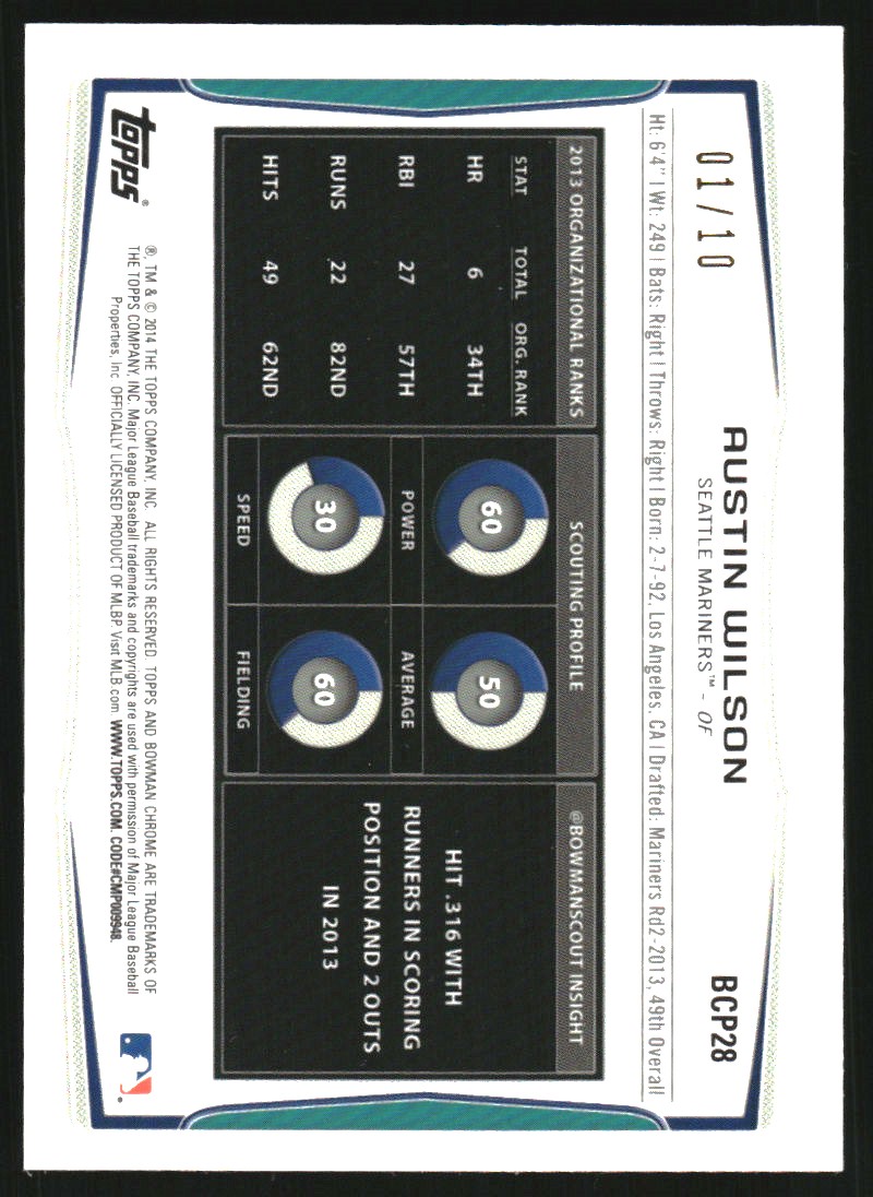 2014 Bowman Chrome Prospects Series 2 Black Static Refractors #BCP28 Austin Wilson
