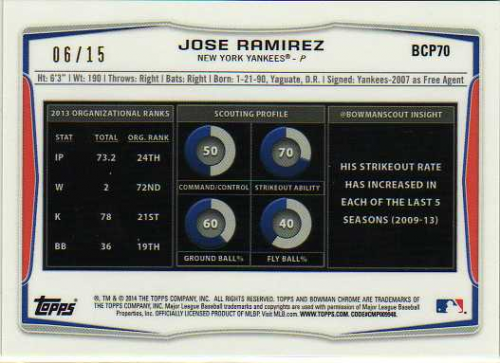 2014 Bowman Chrome Prospects Series 2 Shimmer Refractors #BCP70 Jose Ramirez back image