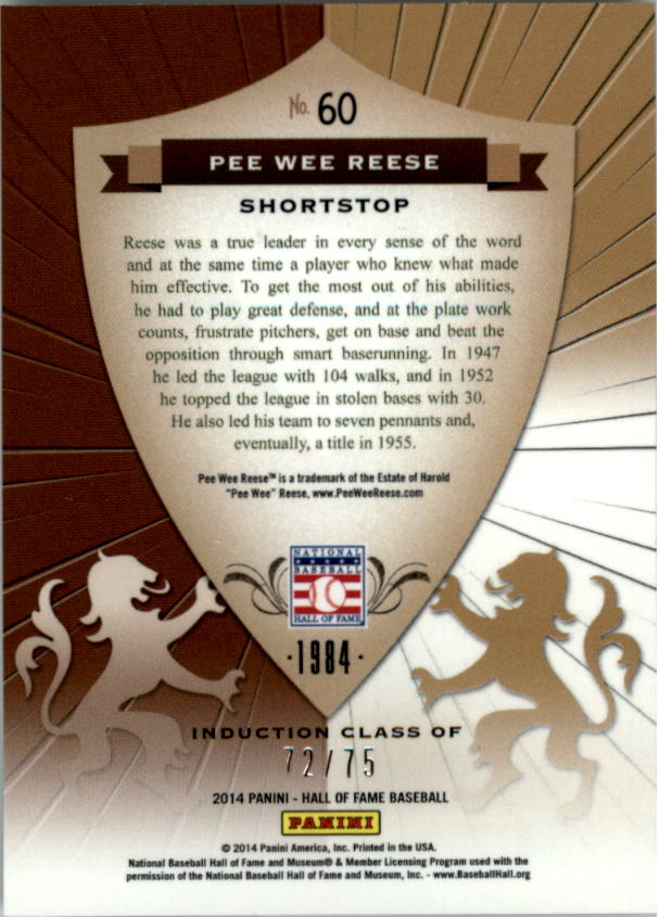 2014 Panini Hall of Fame Crusades Red #60 Pee Wee Reese back image