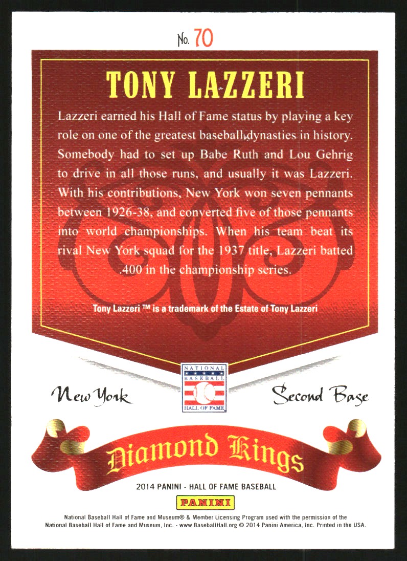 2014 Panini Hall of Fame Diamond Kings Red #70 Tony Lazzeri back image