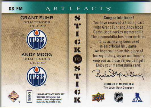 2014-15 Artifacts Stick to Stick Duos #SSFM Grant Fuhr/Andy Moog back image