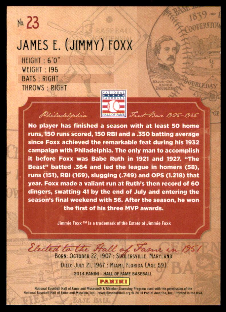 2014 Panini Hall of Fame Green Frame #23 Jimmie Foxx