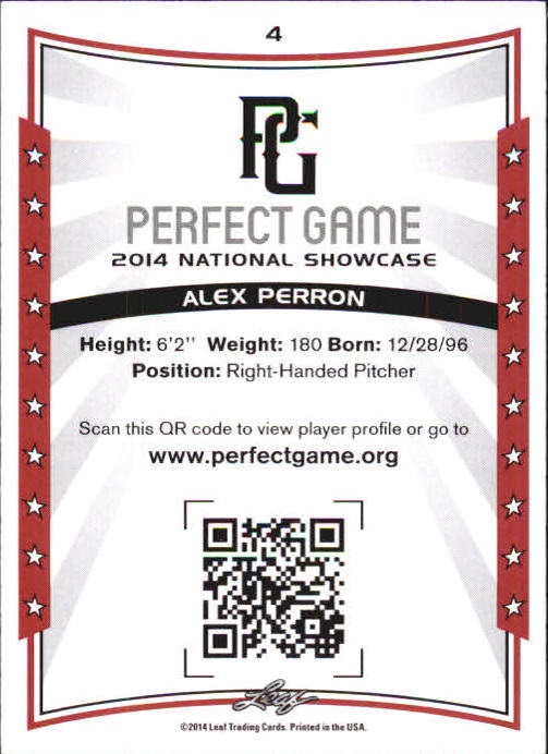 2014 Leaf Perfect Game Showcase #4 Alex Perron back image