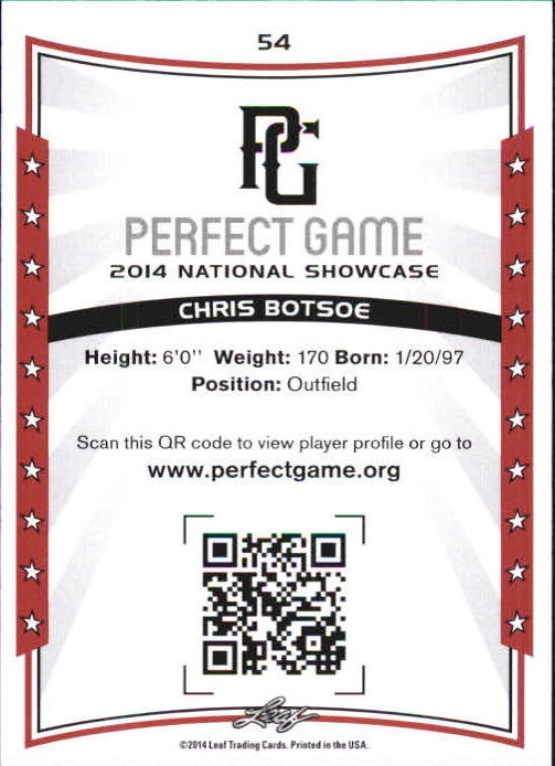 2014 Leaf Perfect Game Showcase #54 Chris Botsoe back image