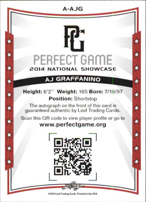 2014 Leaf Perfect Game Showcase Autographs #AAJG AJ Graffanino back image