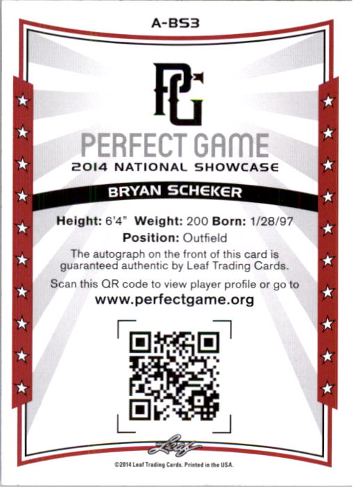 2014 Leaf Perfect Game Showcase Autographs #ABS3 Bryan Scheker back image