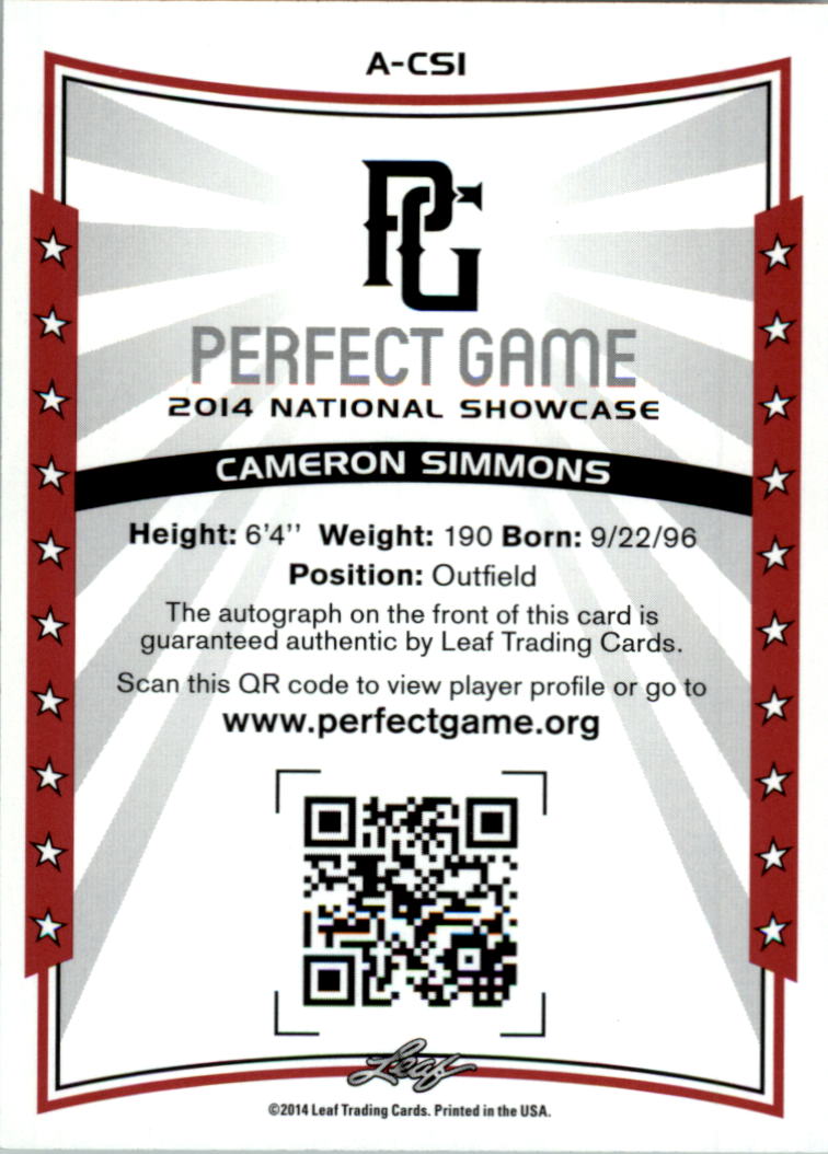 2014 Leaf Perfect Game Showcase Autographs #ACS1 Cameron Simmons back image