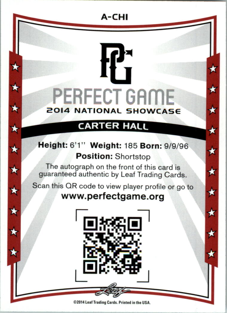 2014 Leaf Perfect Game Showcase Autographs #ACH1 Carter Hall back image