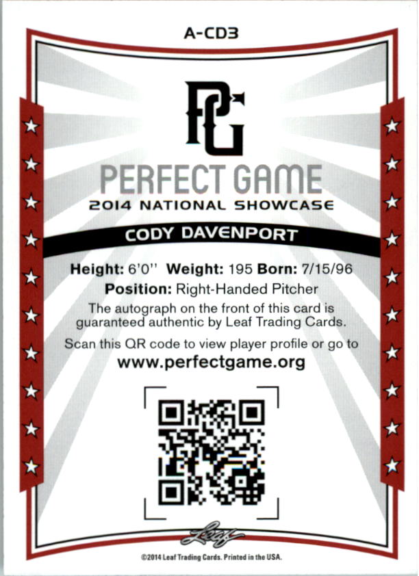 2014 Leaf Perfect Game Showcase Autographs #ACD3 Cody Davenport back image