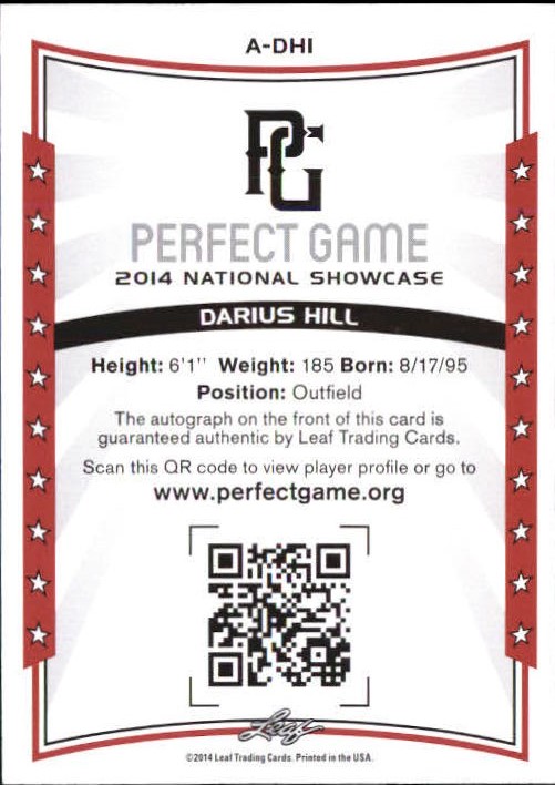 2014 Leaf Perfect Game Showcase Autographs #ADH1 Darius Hill back image